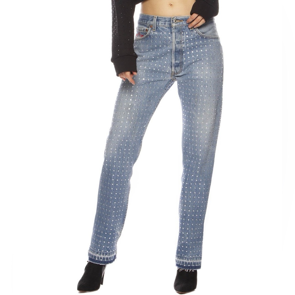 Frankie B. Light Blue vintage Levi’s red pink rhinestone Straight Leg Jeans 27